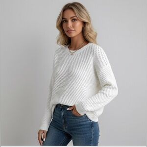 White Knit Drop Shoulder Round Neck Sweater